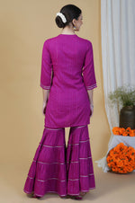 Pink linen cotton self design lurex short kurta and sharara set with gota work-Kurta Set-Fabnest