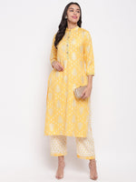Rayon lime yellow printed kurta set with thread detailing on placket and cuff.-Kurta Set-Fabnest