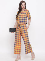 Handloom cotton yellow orange blue multi cropped top and pant set-Co-ords-Fabnest