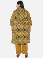 Curve Yellow Ajrakh Print Cotton Straight V Neck Gota Embellished Kurta-Kurta-Fabnest
