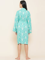 Women`s rayon printed turquoise kimono robe-Fabnest