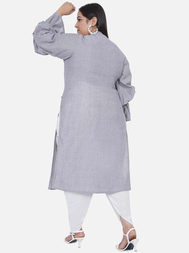 Curve Chambray Straight Balloon Sleeves Kurta With Dhoti Salwar Set-Kurta Set-Fabnest