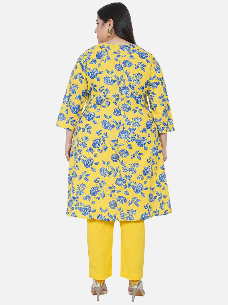 Curve Cotton Yellow Printed Aline Kurta With Side Kalis And Gota Inserts Paired With Yellow Cotton Solid Tapered Pants-Kurta Set-Fabnest