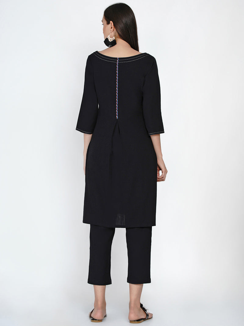 Black cotton with contrast top stitch at neck and sleeve with lace at back inverted pleat A line kurta ONLY-Kurta-Fabnest