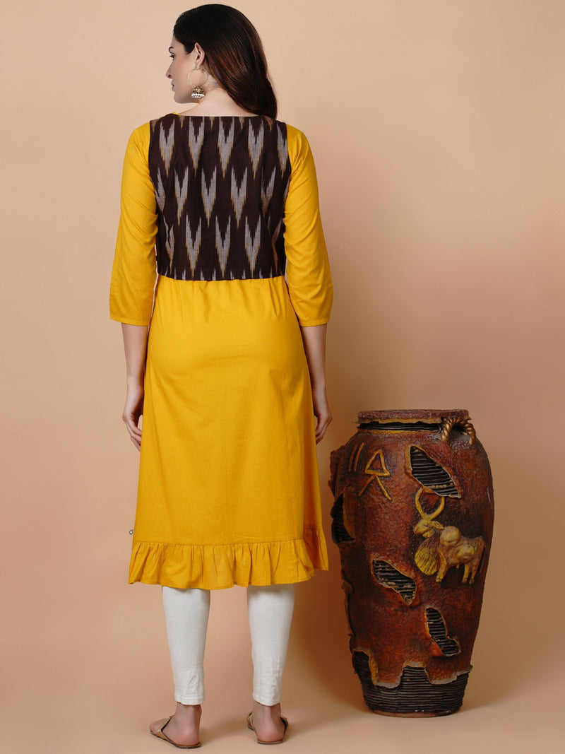 Yellow a line frilled kurta paired with ikat jacket-Kurta Set-Fabnest