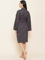 Women`s cotton printed navy blue kimono robe-Fabnest