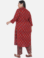 Curve Cotton Red Ajrakh Print Kurta With Pintucks And U-Shaped Hem-Kurta-Fabnest