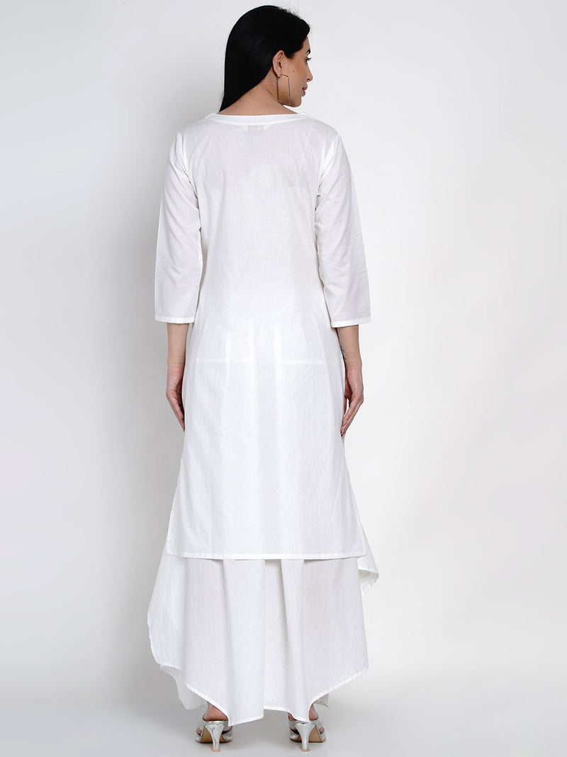 Cotton solid white kurta set with Asymmetrical bottom-Kurta Set-Fabnest