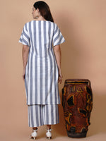 White and blue stripe set of v neck kurta with loose fit pant-Kurta Set-Fabnest