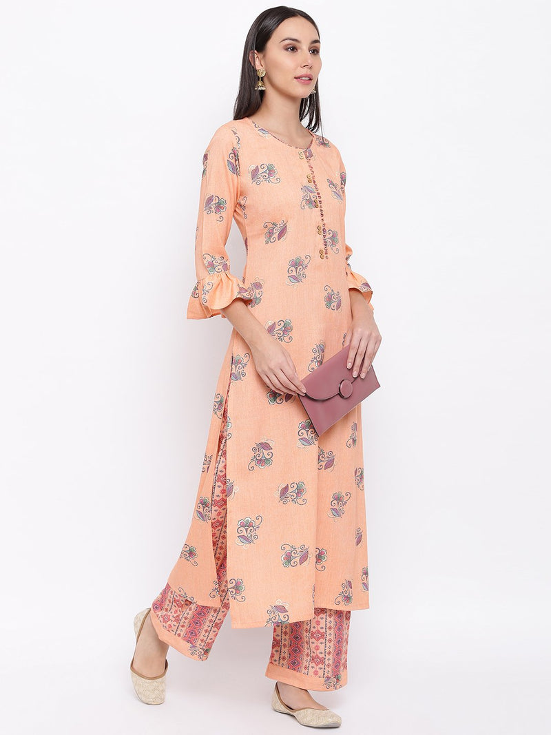 Rayon peach printed kurta and pant set with flounce sleeve and button detailing at the neck-Kurta Set-Fabnest