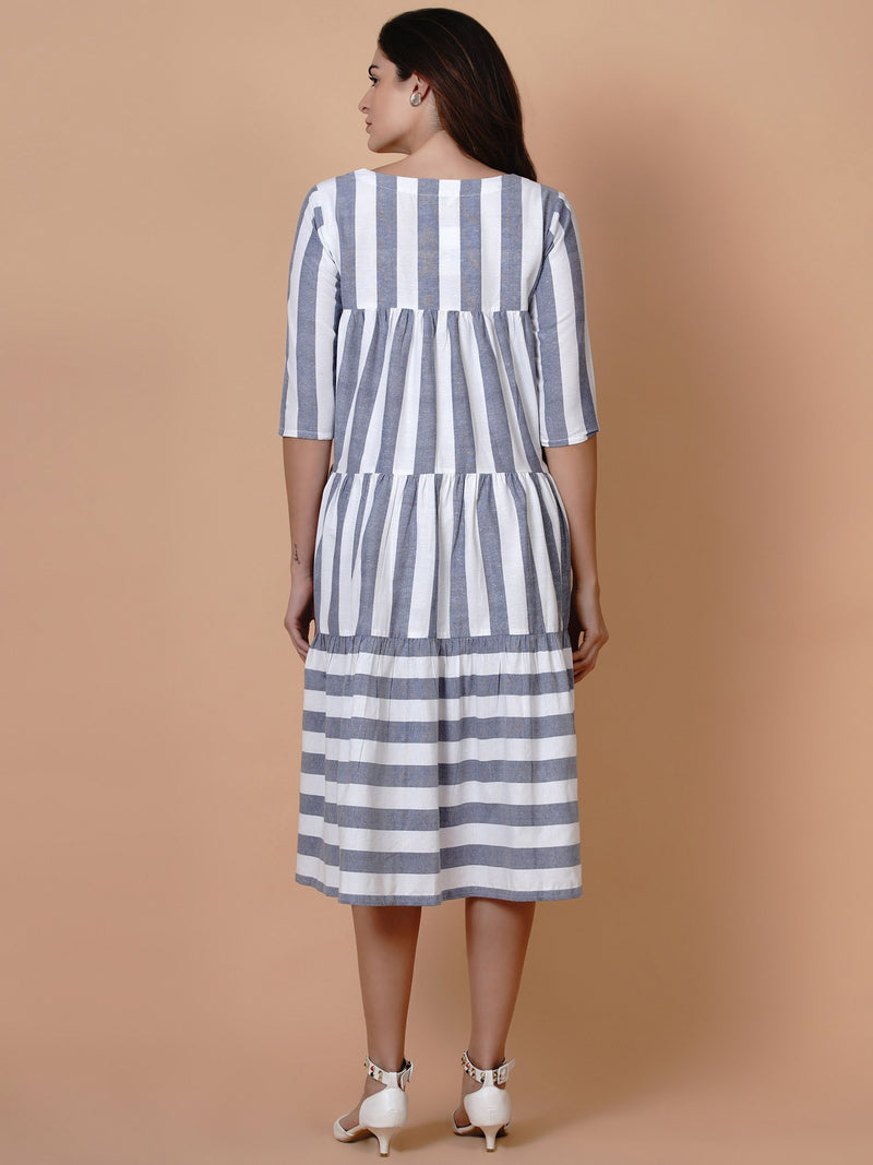 Fabnest White and blue stripe v neck tiered dress-Dresses-Fabnest
