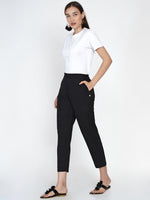 Black cotton flex straight pants-Trousers-Fabnest