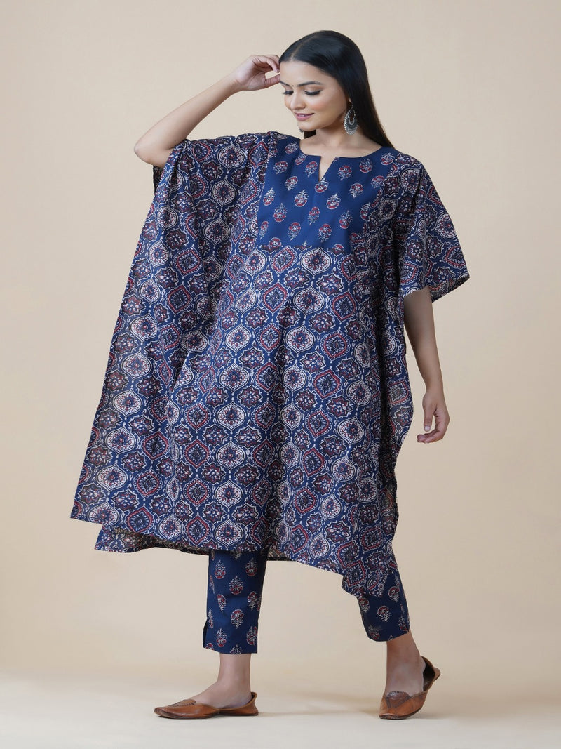 Cotton navy ajrakh print straight fitted pants-Bottoms-Fabnest