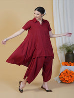 Linen cotton self design lurex asymmetrical kurta and loose fit pants-Kurta Set-Fabnest
