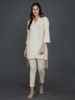 Set of off white cotton flex high low kurta set pleats and lace work with co-ordinated-Kurta Set-Fabnest