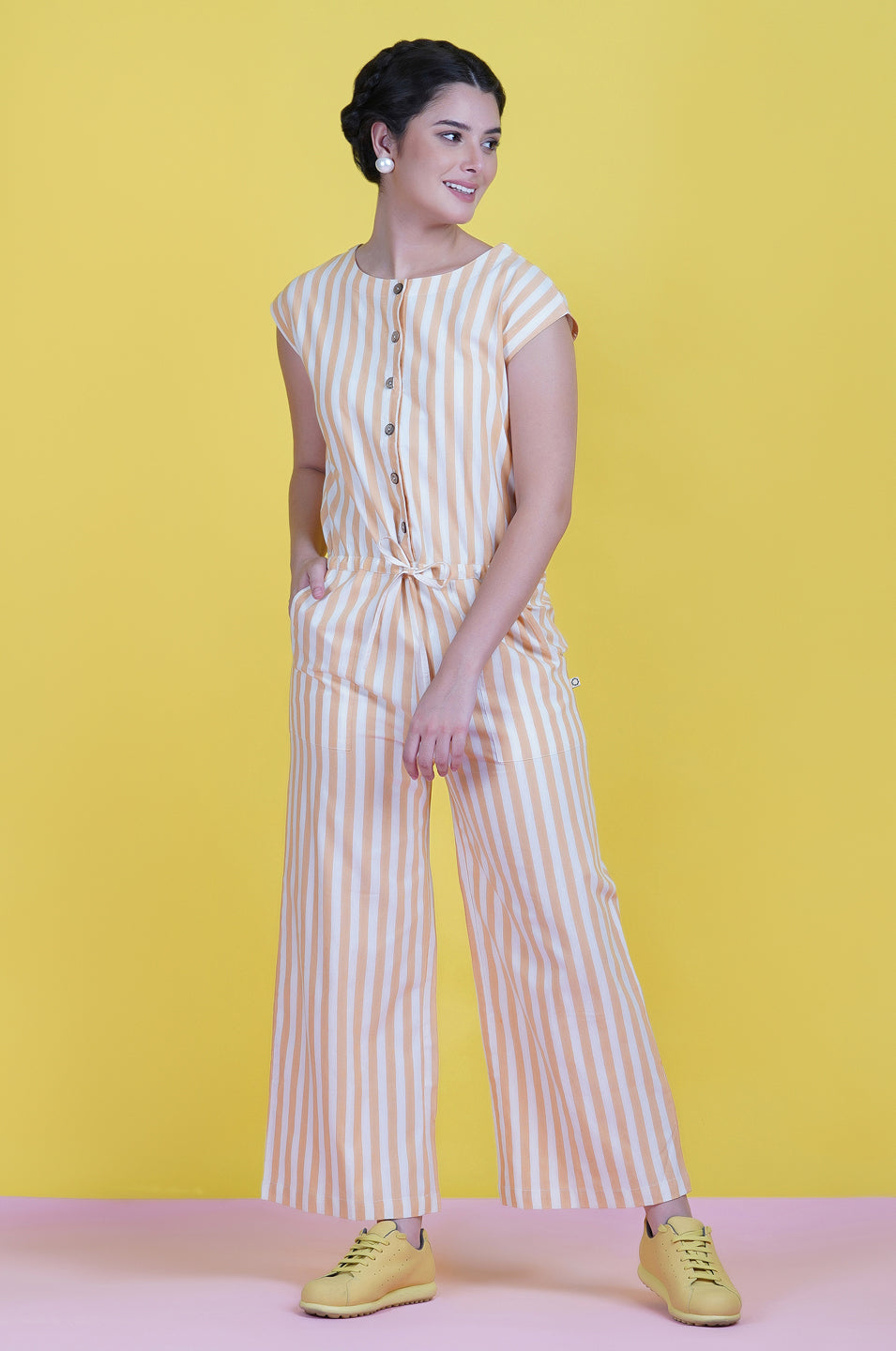 Cotton Yellow Stripe Buttoned Front Jumpsuit-Jumpsuit-Fabnest