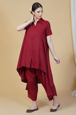 Linen cotton self design lurex asymmetrical kurta and loose fit pants-Kurta Set-Fabnest