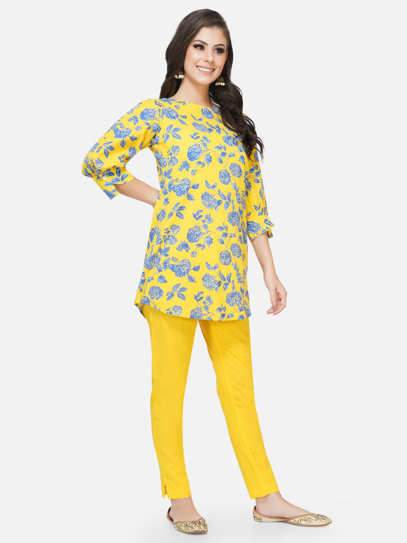 Cotton yellow printed tunic with stylised sleeves-Tunic-Fabnest