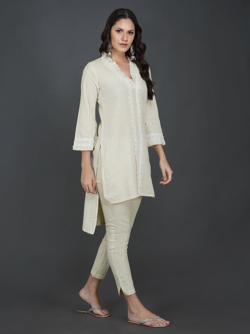 Set of off white cotton flex high low kurta set pleats and lace work with co-ordinated-Kurta Set-Fabnest