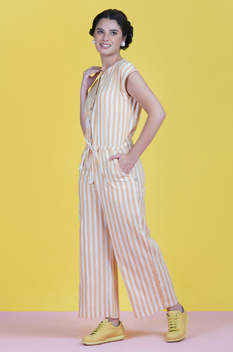 Cotton Yellow Stripe Buttoned Front Jumpsuit-Jumpsuit-Fabnest