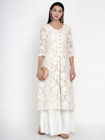 Lace front slit kurta with cotton bodice lining and cotton sharara set-Kurta Set-Fabnest