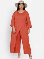 Curve cotton flex orange jumpsuit with an overlap panel and tie up-Jumpsuit-Fabnest