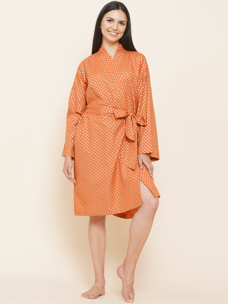 Women`s flex/cotton polka dot orange kimono robe-Fabnest
