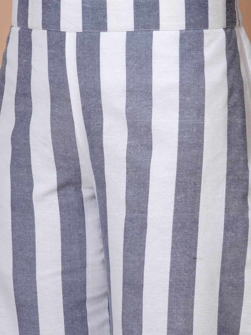 White and blue stripe set of v neck kurta with loose fit pant-Kurta Set-Fabnest