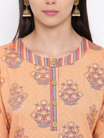 Rayon light orange printed pant and kurta set with round neck and wooden buttons with stripe pants.-Kurta Set-Fabnest