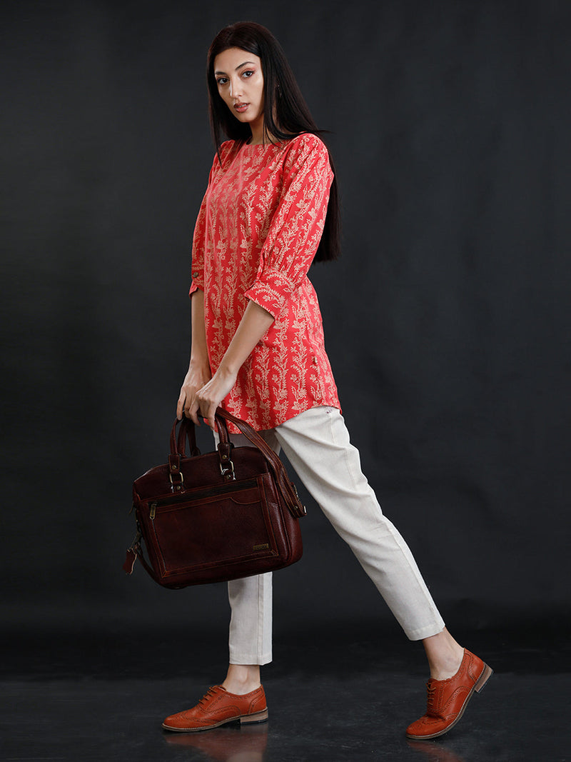 Red Cotton Discharge Print Baloon Sleeves Tunic And Pant Set-Co-Ord Set-Fabnest