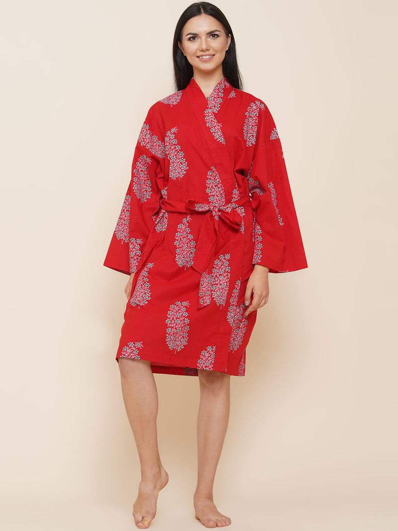 Women`s cotton paisley red kimono robe-Fabnest