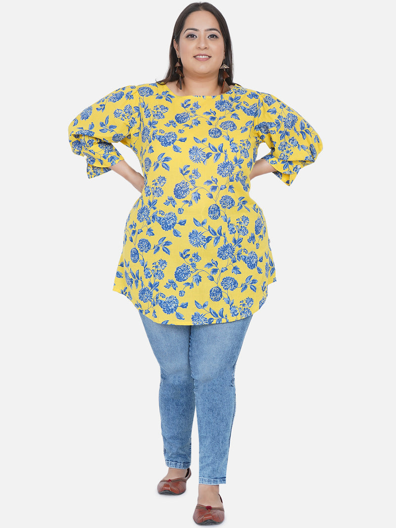 Curve Cotton Yellow Printed Tunic With Stylised Sleeves-Tunics-Fabnest