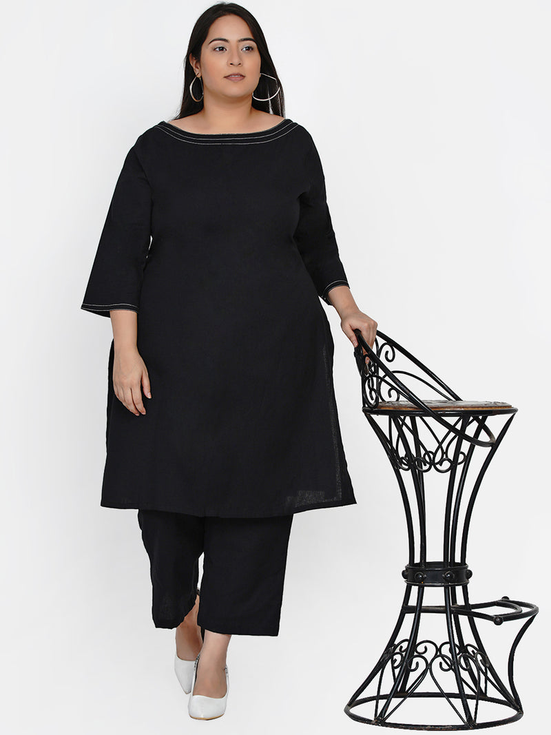Curve black cotton flex A line kurta with contrast top stitch at neck and sleeve with lace at back inverted pleat-Kurta-Fabnest
