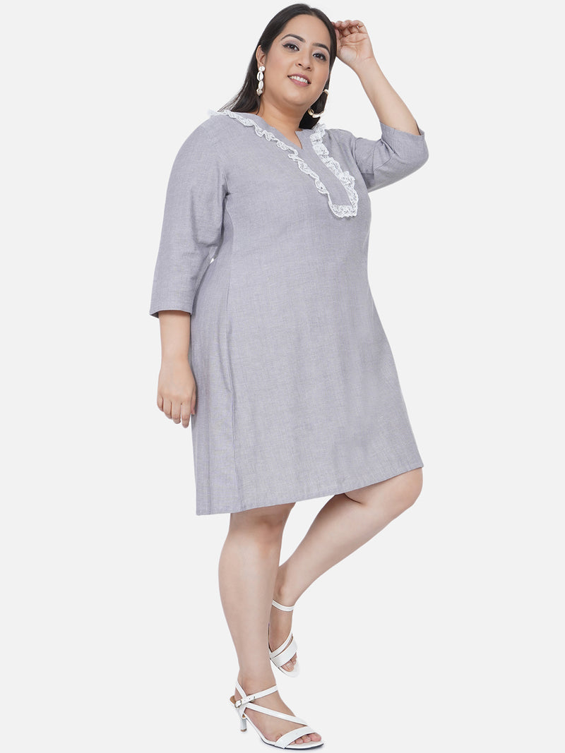 Curve Chambray A-Line Dress With Frilled Lace At Placket And Inverted Box Pleat At The Back-Dress-Fabnest