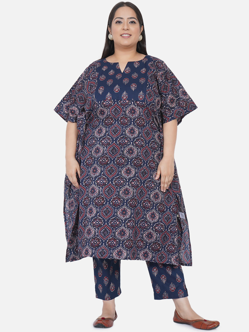 Curve Cotton Navy Ajrakh Print Straight Fitted Pants-Pant-Fabnest
