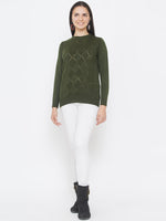 Women`s Acrylic Olive Self Design Winter Sweater-Pullover-Fabnest