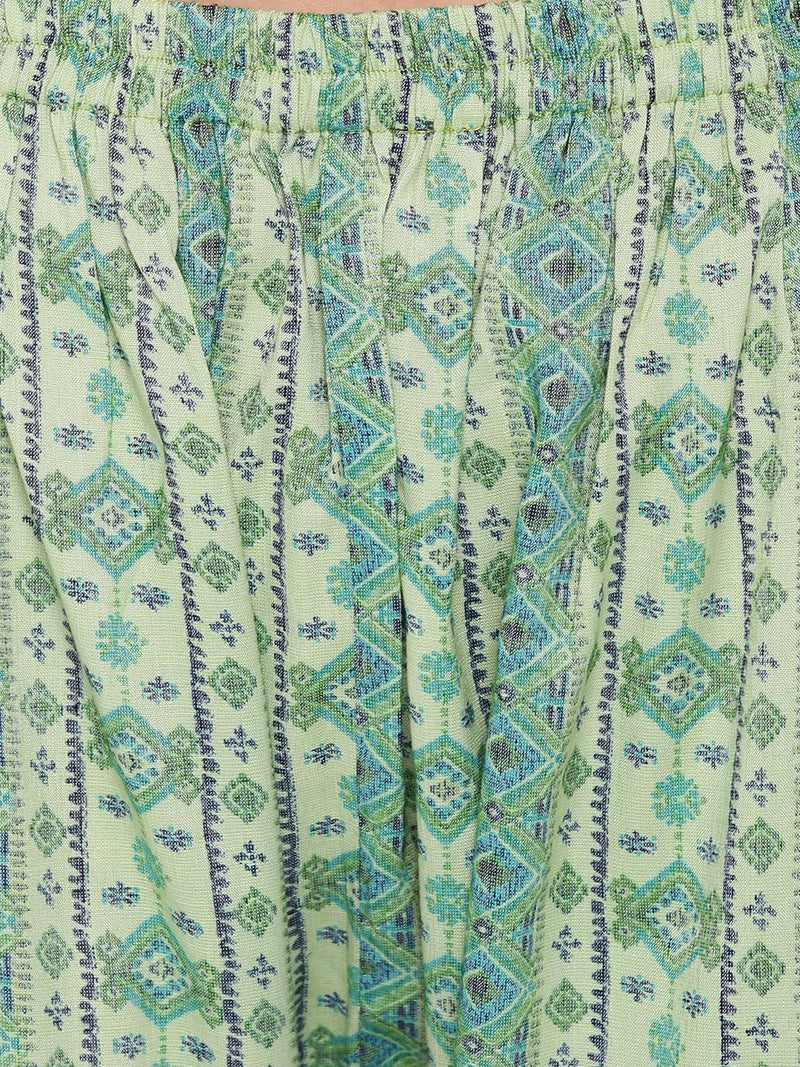 Rayon lime green printed kurta and pant set. with flounce sleeve and button detailing at the neck-Kurta Set-Fabnest