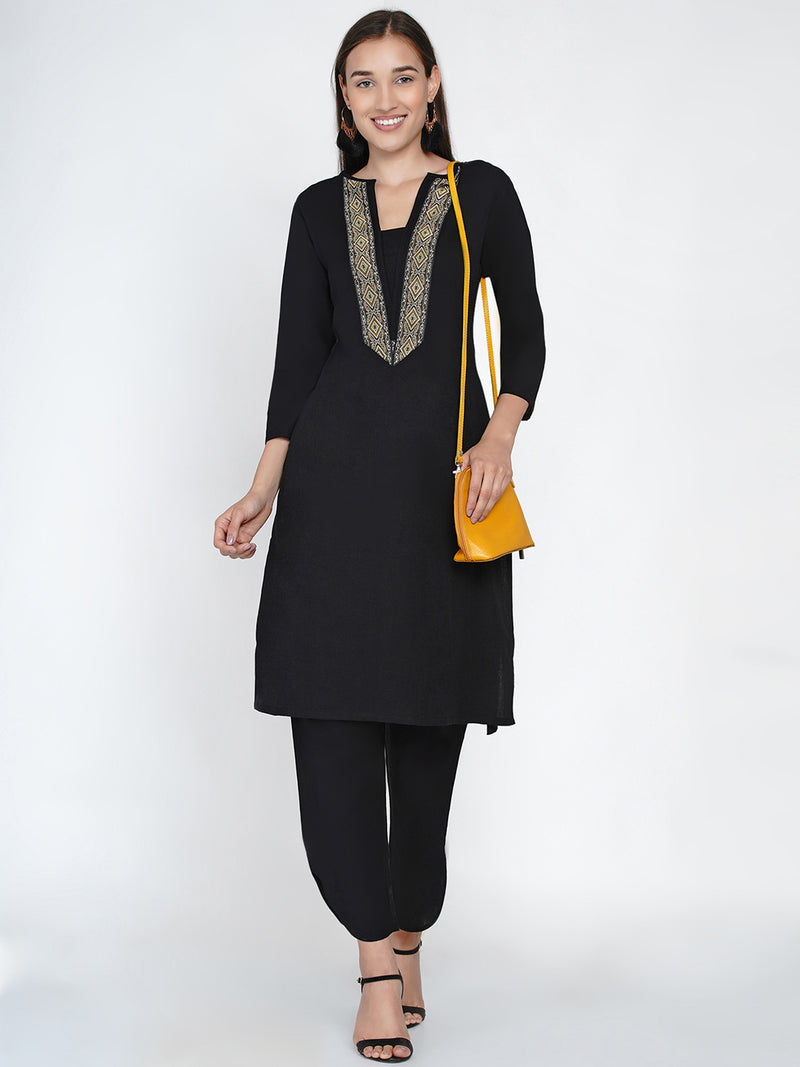 Black Cotton Set of petal pants and straight kurta with jacquard lace at neck-Kurta Set-Fabnest