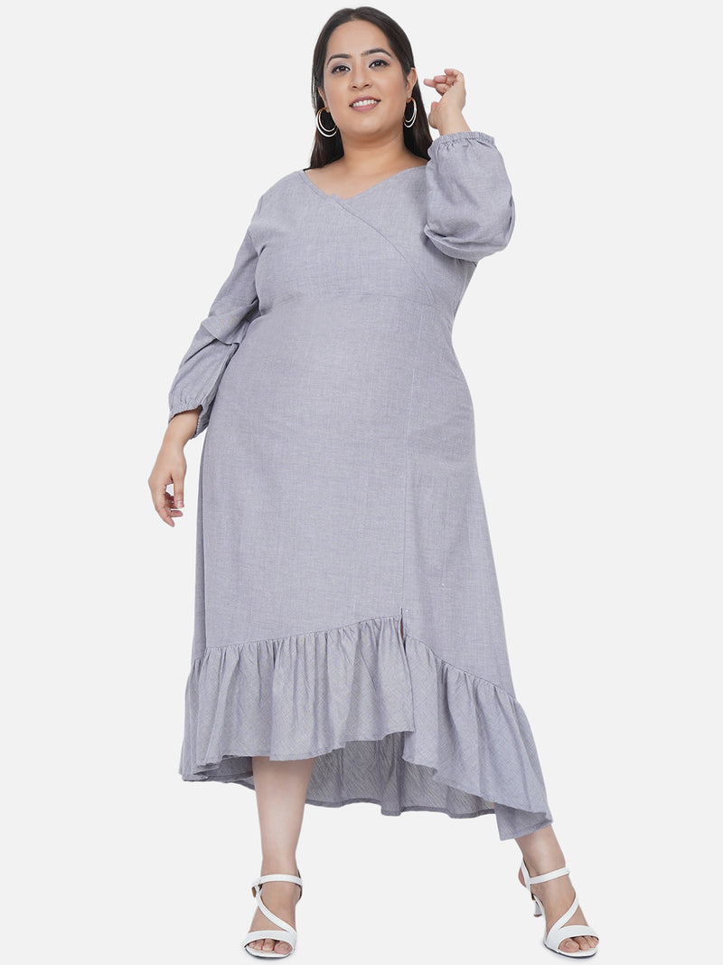 Curve Chambray Side Tie Up Asymmetrical Dress With Pinched Sleeves-Dress-Fabnest