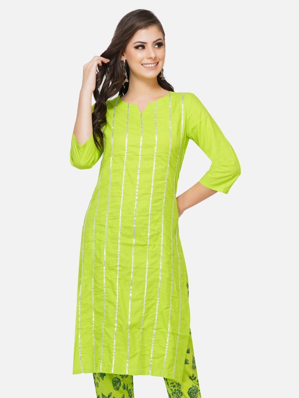 Cotton green solid straight kurta with gota lines-Kurta-Fabnest