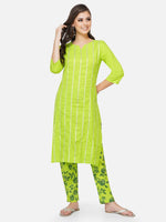 Green solid straight kurta with gota lines, paired with green printed cotton tapered pants-Kurta Set-Fabnest