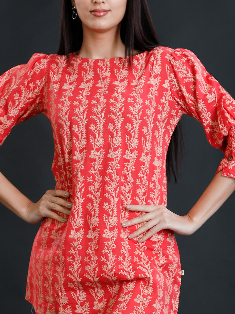Red Cotton Discharge Print Balloon Sleeves Tunic Only-Tunic-Fabnest