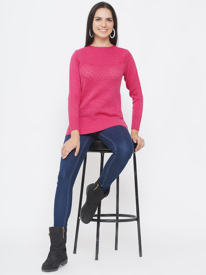 Women`s Acrylic Pink Self Design Winter Sweater-Pullover-Fabnest