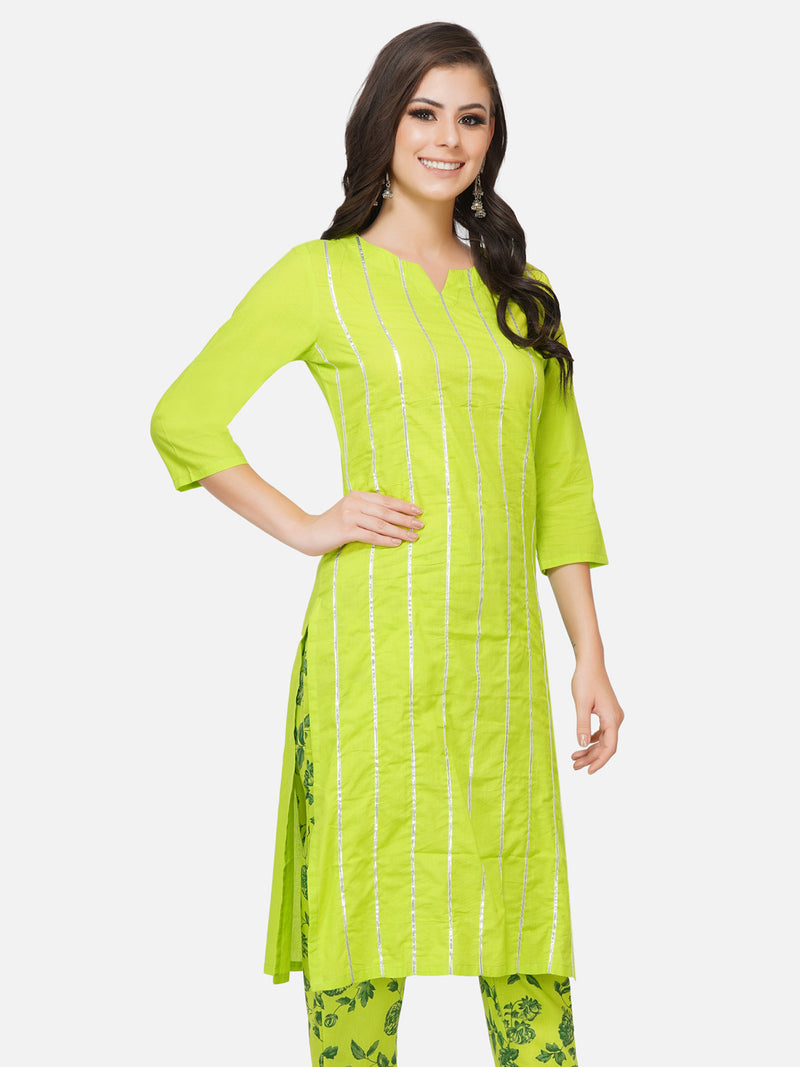 Cotton green solid straight kurta with gota lines-Kurta-Fabnest