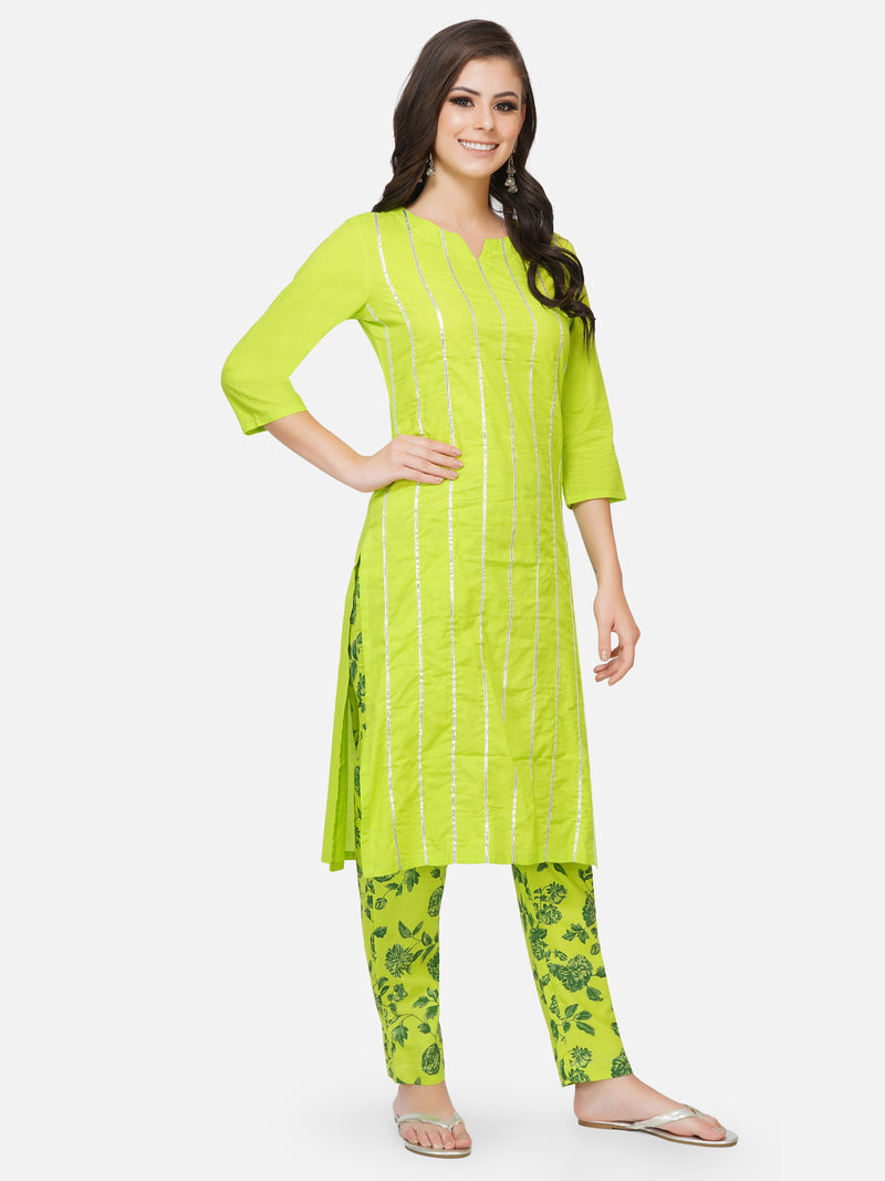 Green solid straight kurta with gota lines, paired with green printed cotton tapered pants-Kurta Set-Fabnest
