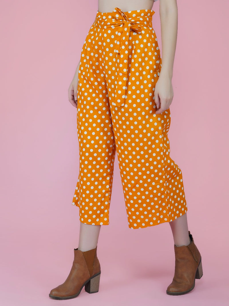 Yellow and white polka dot cotton highwaist pants-Bottoms-Fabnest