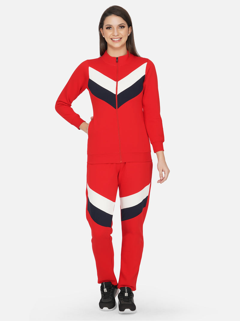 Fabnest winter fleece red front zipper tracksuit with geometric patch work-Track Suit-Fabnest