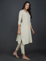 Off white cotton flex with lace and front pockets V neck kurta ONLY-Kurta-Fabnest