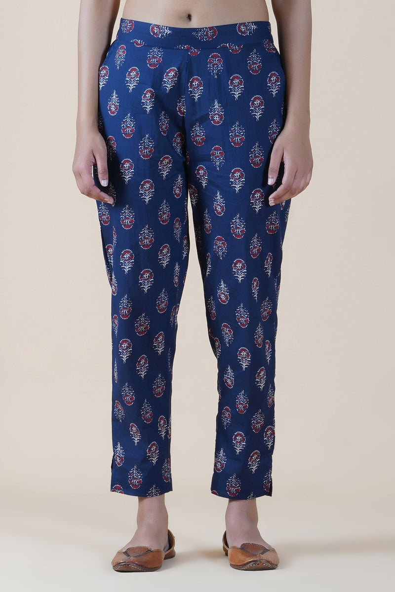 Cotton navy ajrakh print straight fitted pants-Bottoms-Fabnest