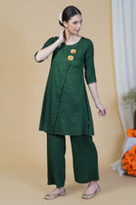 Green linen cotton self design lurex A line kurta with pants-Kurta Set-Fabnest